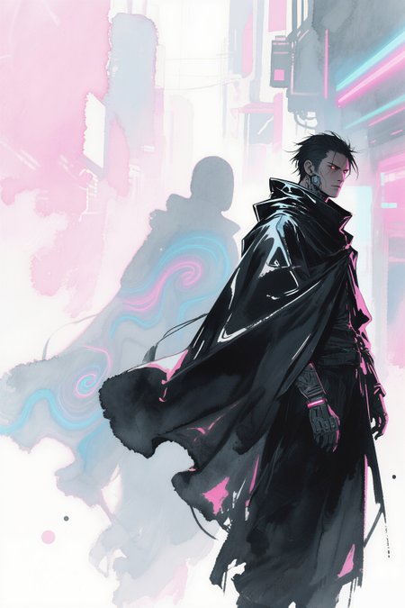 A dramatic charcoal drawing on rough parchment paper, illustrating a cyberpunk ronin cloaked in shadow. His silhouette, defined by broad strokes, stands firm beneath faint neon light hints. A spectral figure, ghost-like and smoky, emerges from his shadow in swirling charcoal textures. The background features blurred outlines of a futuristic cityscape, evoking a dreamlike noir atmosphere. The contrast between deep blacks and subtle gray gradients emphasizes mood and mysticism