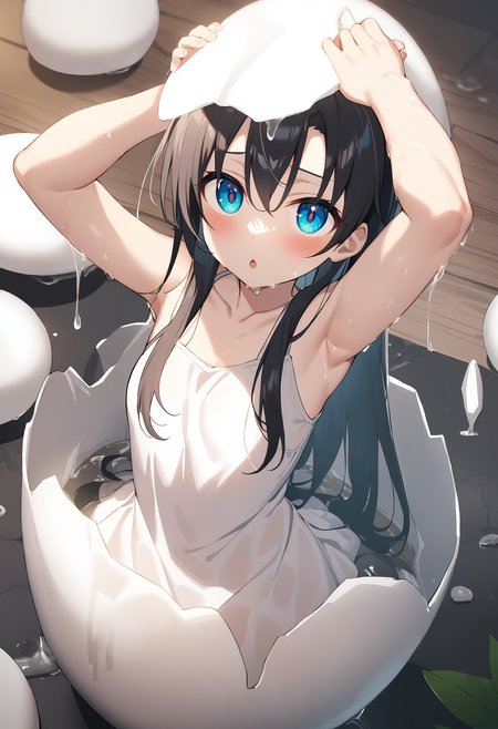 1girl,sincos, ningen mame, toosaka asagi,
hatching, eggshell, looking at viewer, open mouth, arms up, crack, slime (substance), suggestive fluid, hands up, white dress, ,wet,wet clothes, wet hair, <lora:hatching_XL_v1:0.8>
best quality, very aesthetic, absurdres,