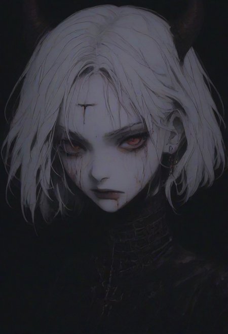 score_9, score_8_up, score_7_up, flat color, blood dripping from mouth, demon girl, demon horns, gthan, gothic, jewelry, red eyes, solo, blood, earrings, cross, 1girl, black background, looking at viewer, portrait, short hair, necklace, blood on face, cross necklace, simple background, spot color, closed mouth, white hair, cross earrings