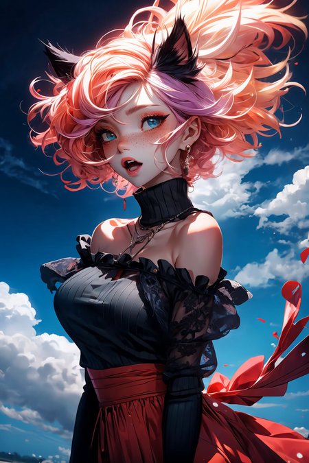 (best quality, masterpiece1.2), (detailed eye:1.2), intricate detail, depth of field, cat ear, 1girl,upper body,  curly hair, fang, off shoulder, heterochromia,  freckles, blush, skirt, large breasts, kneehighs, open mouth, fangs, all fours, from above, cat tail, pov, pov hands, catnip
<lora:more_details:0.4>
 <lora:Cosmic anime-oil fusion v2:0.45> 
<lora:AnimeVibesV3:0.55> animevibes, 
<lora:3DMM_V11:0.55> 3DMM 
<lora:midjourney_20230624181825:0.65> midjourney ,
 <lora:LAS:0.15> cloud,colorful,
<lora:msw_locon-t2:0.5>, shiny, shiny hair, shiny skin, shiny clothes