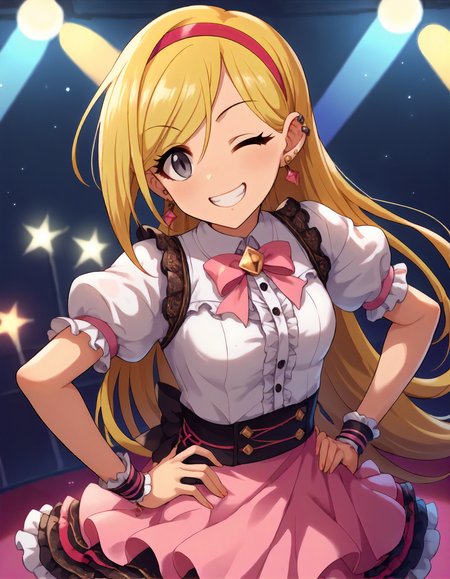 score_9,score_8_up,score_7_up,1girl,solo,cowboy shot,looking at viewer,(grin:0.9),wink,hands on hips,stage lights,
<lora:fujimotorina_ponyXLV6:0.8>,cgfr,
blonde hair,long hair,grey eyes,small breasts,
hairband,ear piercing,white shirt,puffy short sleeves,frilled pink skirt