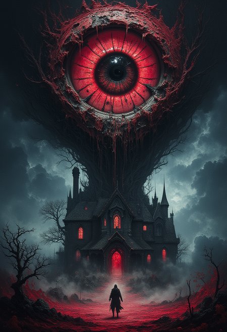 FredFraiStyle "A dark fantasy, surreal horror composition featuring a large, ominous eye with detailed iris, hovering above a haunted house. The scene is drenched in blood-red splatters and dripping textures, creating an eerie, nightmarish atmosphere. The background features twisted, shadowy trees and fog, enveloping the creepy old house with flickering lights. A solitary figure stands at a distance, shrouded in mist, adding a sense of mystery and fear. The overall color palette is dominated by deep reds, blacks, and cool shades of blue, with intricate shading and texture details, blending horror and surrealism."
<lora:FredFraiStyle-FLUX-Share:0.95>
<lora:Ars_MidJourney_Style_-_Flux:0.6>
<lora:- Flux1 - vanta_black_V2.0:0.55>