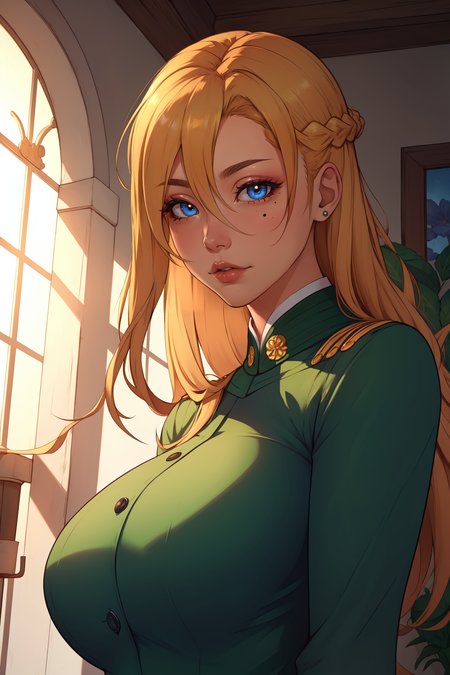 (masterpiece, best quality, absurdres, 4k, aesthetic, detailed, intricate, perfect lighting),outside,sunlight,flowers,cinematic angle,1girl,blonde,hair between eyes, mint, blue eyes, braid, green uniform, long sleeves <lora:mint-sn4-richy-v1:1>