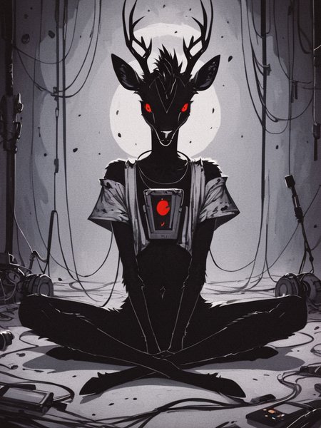<lora:Psychedemon-000009:1>,
<lora:Xenotrip_v.2:0.6>,
<lora:Concept Art DarkSide Style LoRA_SeaArt Furry XL 1.0:0.7>,
score_9_up, score_8_up, score_7_up, score_6_up, furry_source, xenotr1p, concept art, dark theme, low light, backlight, (dramatic light), in front,
dark shadow of a terrible creature bent over of (anthro deer male) with (headphones on ears listening) to (postpunk) music from (smartphone), (posing, sitting on ground), body is (shrouded in wires), wires, skinny, red eyes, animal legs, detailed fur, (oversized clothes),
moody, grim, emotional, otherwordly,
<lora:add-detail-xl:0.7>,
<lora:RMSDXL_Enhance:2>,
<lora:great_lighting:3>,