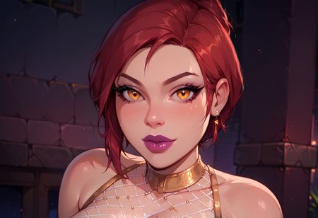 2D, best quality, highly detailed, score_9, score_8_up, score_7_up, score_6_up, source_cartoon, 
BREAK, 1girl, assumi, short red hair, single hair bun, golden eyes, purple lipstick, flirtatious expression, big breasts, tight body, frontal shot, tight clothing, 1girl, round breasts, perfect tits, perfect nipples, large breasts, beautiful, gold trim, fishnet clothing, bodypaint, glitter, neon_purple, 1woman, glowing, exhibitionism, fishnets, neon_lights, rave_party, nightclub, close up