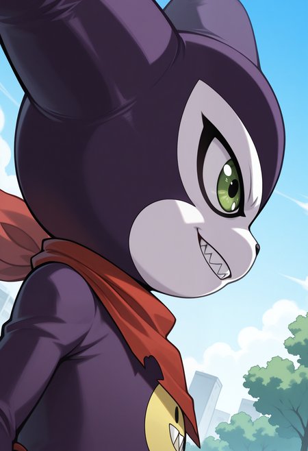 masterpiece,best quality,amazing quality, 1boy, solo, 1mpm0n, digimon (creature), red scarf, close up, side angle, outdoors, evil grin,