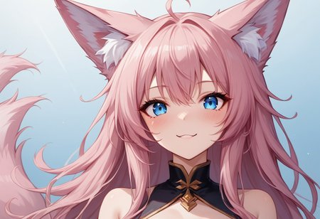 (masterpiece), (best quality), source_anime+, perfect anatomy, HD, 10k res, digital_media_(artwork) hi_res, intricate, high quality, amazing quality, Expressive Face, 
A fox girl with long pink hair and blue eyes, Drestoria-Style_V1, semi-realism, nose, Zyrnox-Exoterra Style