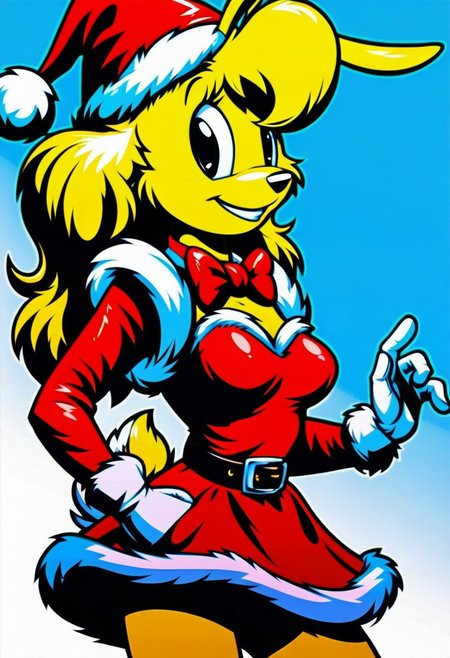 score_9, score_8_up, score_7_up, score_6_up, score_5_up, score_4_up, retro artstyle, BREAK 
LoriJackRabbitPXL, rabbit girl,1girl, solo, hat, fur trim,yellow hair,rabbit tail, animal ears, dress, white gloves, gloves, santa hat, red headwear, makeup, blue background, bow, belt, red dress, red bow,yellow fur, fur-trimmed dress, looking at viewer, furry female, smile, fur-trimmed sleeves, black eyes, furry, choker, bowtie, eyeshadow, long sleeves, christmas, red bowtie, breasts, cowboy shot, happy, gradient background, standing, santa costume, red choker, cropped legs, simple background, signature,rabbit tail, deer ears, fur-trimmed headwear, medium hair, fox ears
<lora:lorijackrabbit-v1:0.9>