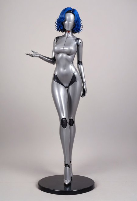 solo, A 35mm full length photo of  a beautiful 20 year old woman, she is a humanoid robot , robotic body, freckles, smooth featureless silver grey robotic skin, robotic aerials, metallic dark blue hair, elegant grey latex bodysuit with dark blue trim
TheFaceLess, mannequin, faceless, egghead