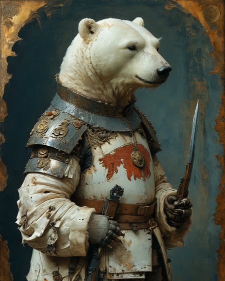armored and armed anthropomorphic polar bear, <lora:add-detail-xl:0.75>, <lora:xl_more_art-full_v1:0.5>, <lora:XSfenlie:1> fenliexl,  <lora:NicolaSamori:0.9> in the style of Nicola Samori,    <lora:Maxfield Parrish Style:1> Maxfield Parrish Style page