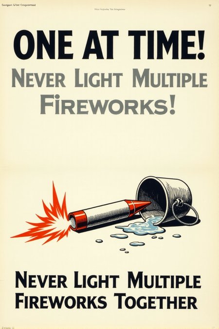 A vintage poster with a clear, simple illustration of a firework rocket lying horizontally on the ground next to a tipped-over bucket of water. Flames are subtly depicted near the rocket. Bold, black text on a white background warns: "ONE AT A TIME! Never Light Multiple Fireworks Together." Emphasize the potential for chaos and danger with multiple ignitions.  <lora:REMEs_War_Poster_Style:0.95> In REME's War Poster Style,âââ