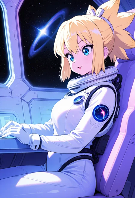 kohaku_(dr_stone),  :3, ultra detailed, masterpiece, best quality, 1girl, solo, adult, indoors, space suit, sitting, seat, windows, futuristic vehicle, space, stars, galaxy, pastel colors, vintage, intricate detailed, finely detailed, amazing detail, from side, smile, :o, awe, shadows, dim lighting, cowboy shot,