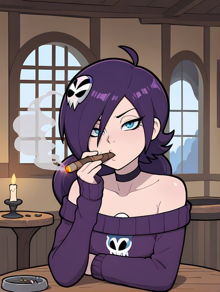 masterpiece, best quality, amazing quality, very aesthetic, absurdres, 1girl, zone-tan, blue eyes, purple hair, hair ornament, bust portrait, choker, purple sweater, smoking cigar, holding cigar, smoke trail, blowing smoke, indoor, ashtray, ashes, round table, tavern, candle light, window