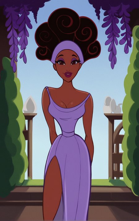 score_9, score_8_up, score_7_up, looking at viewer,  BREAK  
PurpleDress_Muse_Calliope_ownwaifu, 
1girl, afro, big hair, breasts, brown eyes, brown hair, curly hair, dark skin, dark-skinned female, eyeshadow, hair up, hairband, lips, long hair, makeup, very dark skin, lipstick, medium breasts, colored skin, 
purple dress,  purple headband, bare shoulders, cape, cleavage, sleeveless dress, strap slip, bracelet, long dress, off shoulder, side slit, long legs, narrow waist, 
(leaning forward, arms behind back), cowboy shot, garden, wisteria, outdoors, <lora:PONYXL_Hercules_Muse_Calliope_ownwaifu:0.85> , depth of field, solo,