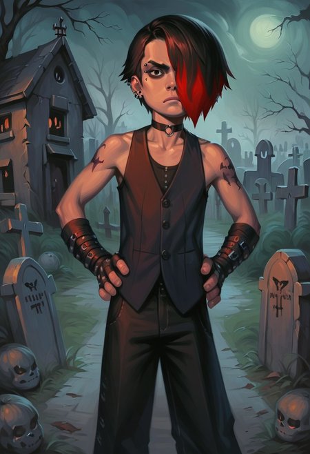 score_9_up, score_8_up, score_7_up, score_6_up, 1boy, solo, G0th_B0y, adult, face piercing, ear piercing, fingerless gloves, frown, short hair, black hair, red hair, multicolored hair, hair over one eye, black eyes, black pants, vest, arm tattoo, choker, bare shoulders, black footwear, standing, hands on hips, looking at viewer, outdoors, night, spooky graveyard, (realistic, painted art)