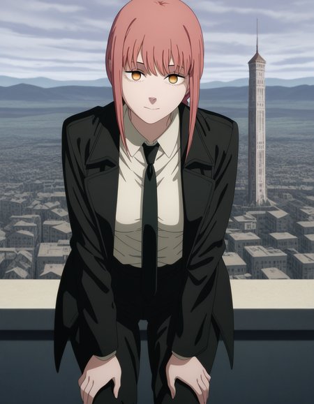 masterpiece, best quality, amazing quality,, <lora:chainsawman-makima-s1-illustriousxl-lora-nochekaiser:1>, makima, makima (chainsaw man), long hair, bangs, yellow eyes, braid, red hair, braided ponytail, ringed eyes, mature female, medium breasts, anime screencap, shirt, long sleeves, jacket, white shirt, necktie, collared shirt, pants, black jacket, black pants, formal, suit, black necktie, shirt tucked in, office lady,, hands on own knees, tower, tall, height, view, structure, cowboy shot, solo, looking at viewer