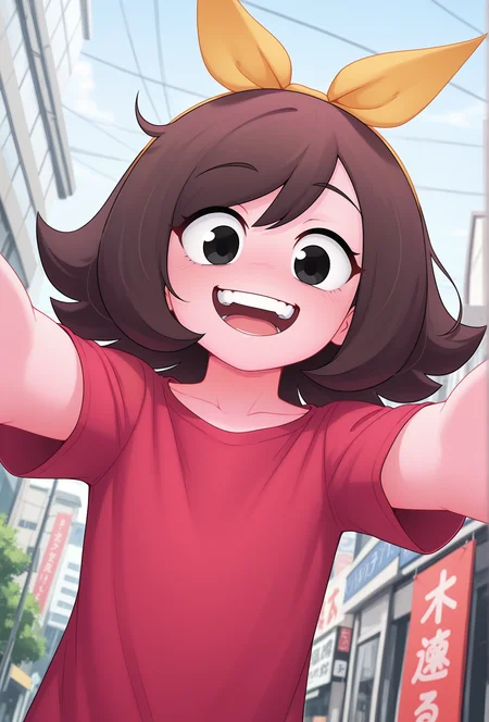 masterpiece,best quality,amazing quality, masterpiece,best quality,amazing quality, <lora:marigold_cabronpr_illustrious_v1f:0.7> marigold, 1girl, solo, hairbow, no nose, black eyes, looking at viewer, smile, open mouth, teeth, BREAK
red shirt, outstretched arms, pov, tokyo \(city\), detailed background, dutch angle, low angle