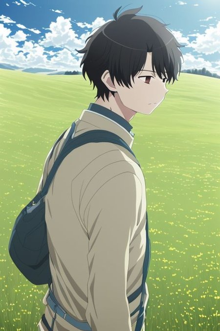 high resolution, solo, best quality, 1Boy, Inaho Kaizuka, Black Hair, sleep, meadow hills, wind breeze, OverallDetail