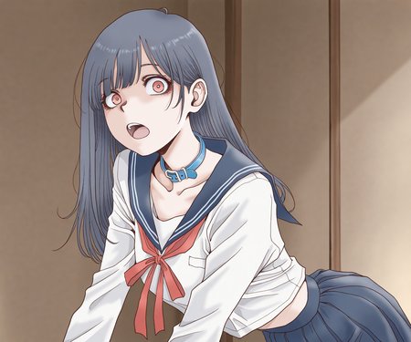 masterpiece, best quality, amazing quality, , 1girl, solo, sailor collar, blue collar, red ribbon,  white shirt, skirt, looking at viewer, open mouth, long hair,  <lora:TAMAKIN benzyo style ILL-v2:1> tamakinbenzyo