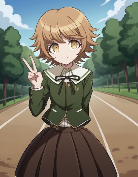 score_9, score_8_up, score_7_up, source_anime, <lora:chihiro-fujisaki-s1-ponyxl-lora-nochekaiser:1>, chihiro fujisaki, short hair, bangs, brown hair, brown eyes, male focus, otoko no ko,, skirt, shirt, long sleeves, ribbon, school uniform, jacket, pleated skirt, black ribbon, neck ribbon, brown skirt, green jacket,, bike ride, countryside, dirt road, trees, afternoon sun, peaceful, alone, smile, , hand making a peace sign, solo,, cowboy shot, dutch angle