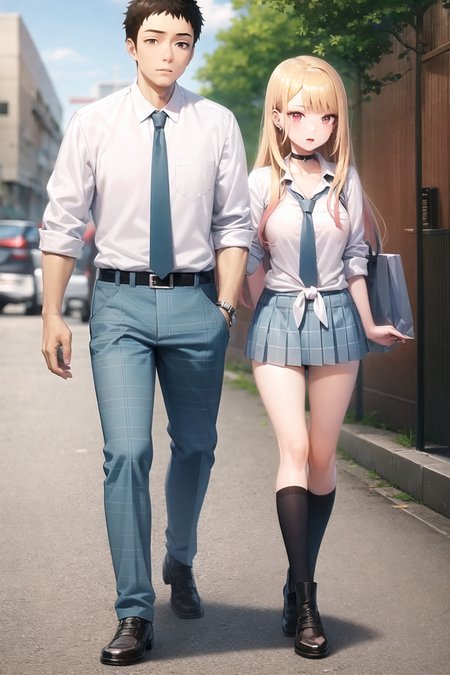 kitagawa marin, gojou wakana, kitasch, shopping, street, size difference, tied shirt, 
<lora:sono-bisque_v4.0b:1>, masterpiece, best quality, highly detailed