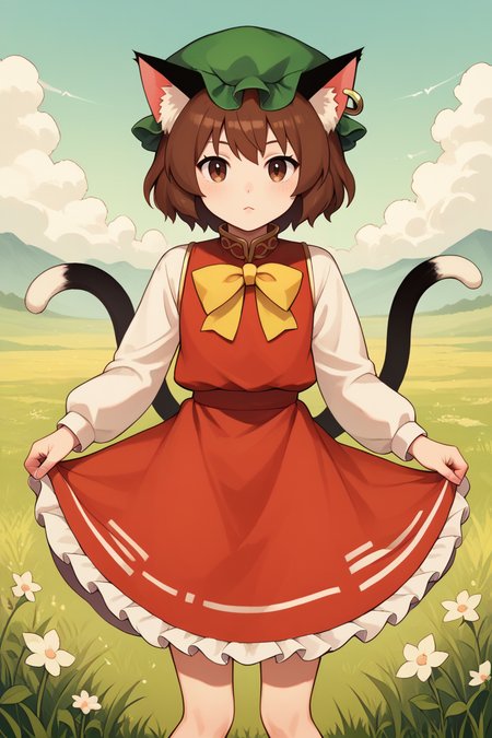 score_9, score_8_up, score_8, score_9, 1 girl,  source_anime, <lora:chen_pony-10:1>, chen, brown hair, brown eyes, cat ears, red dress, long sleeves,  green hat, mob cap, two tails, flat chest, white_sleeves, yellow ribbon, frills, <lora:Mangamaster-style_v10:0.4> mangamaster, detailed background, grass, outdoors