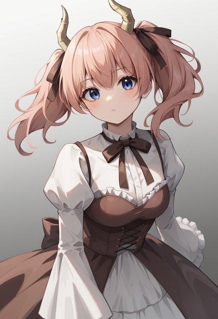 score_9,score_8_up,score_7_up,<lora:sousou_no_frieren_all-000020:0.6>,1girl, black_ribbon, blouse, brown_dress, brown_ribbon, collared_shirt, cross-laced_clothes, cross-laced_corset, demon_girl, demon_horns, frills, gothic_lolita, gradient_background, hair_ribbon, juliet_sleeves, linie_\(sousou_no_frieren\), looking_at_viewer, solo, triangle_mouth, twintails, white_shirt