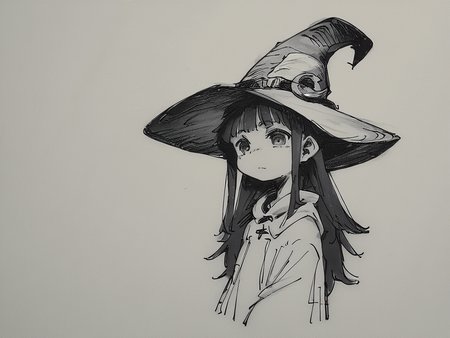 score_9, score_8_up, score_7_up, score_6_up, score_5_up, score_4_up, source_anime, a black and white drawing of a witch, witch hat, traditional media, monochrome, long hair, by aaaa /(quad-a/) <lora:my_sketching_style:2>