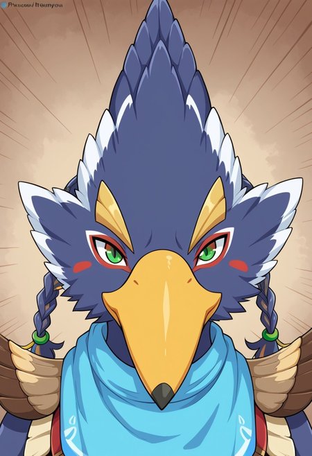 best quality, newest, absurdres, highres,solo,Anthro,bird,revali,green eyes,blue fur,beak,face focus