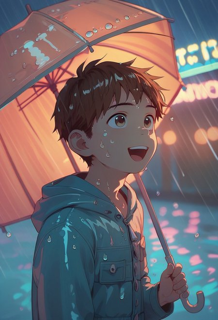 score_9, score_8_up, score_7_up, score_6_up, NEOST, neon lights, 1boy, solo, young, standing, laughing, (), brown hair, open mouth, upper body, blurry, blue shirt, jacket, under umbrella, holding umbrella, depth of field, blurry background, mouth, facing viewer, rain, water drop