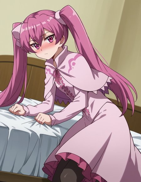score_9, score_8_up, score_7_up, source_anime,
agkmine, <lora:agk-mine-s1-ponyxl-lora-nochekaiser:1>,
mine, long hair, twintails, pink hair, pink eyes,
dress, pantyhose, pink dress, capelet, pink capelet, pink skirt, skirt, long sleeves,
indoors, bed, bed room, on side, blush, drunk,
cowboy shot, solo, dutch angle, looking at viewer,