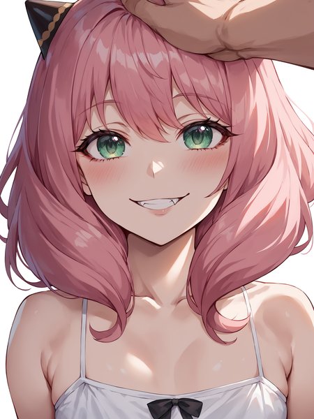 score_6, score_7, score_8 , score_9 ,score_10  , (hyper detailed illustration , masterpiece, best quality, soft shadows , super detailed macro details , perfect quality, soft ligthing:1)
flat chest ,small girl,  looking at viewer , straight on , ,(beautifull 2.5D anime style) , (rendered:1), (rendered eyes:1) ,camisole, dynamic pose <lora:anya:1> anya_\(spy_x_family\), blush, pink hairs, absurdres, highres , smile , fang ,head pat