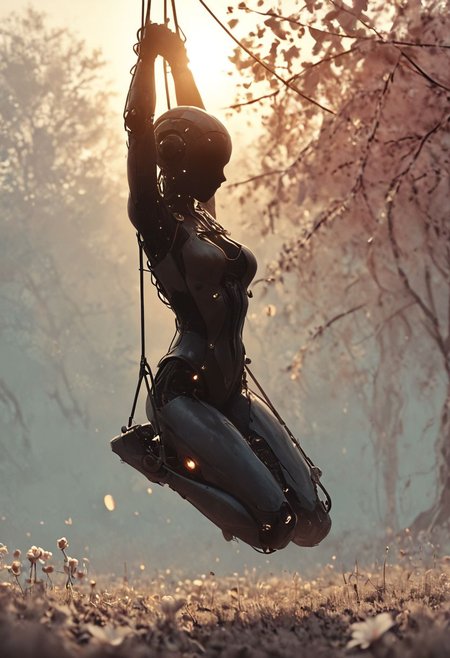 swinging, arms up, lith_argenta_PressHartPH1W, score_100000, score_9, score_8_up, score_7_up, masterpiece, Full color, amazing lighting, highly quality, Cleavage, highres, woman Silhouette, reelmech, mechanical parts, cable, wires, machinery, joints, body suit, Blue Sky, backlight, atmospheric lighting, volumetric lighting, silhouette sitting in 
swing on ropes underneath a Red blooming flower tree, mesmerizing atmosphere,