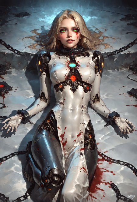 score_9, score_8_up, score_7_up, (android, fully mechanical,  metatronsmt, eye glowing in dark, blood on half face,   blonde hair, green eyes, android,  robot joints, intervention unit, very complex robot, glowing chest:1.2, full metal body, white, touching chain on neck), full body, mechanical toes, solo,  dark eyes,  provocative, cosmic background, cables and wires everywhere, smirk, black theme, covered face, conept art, <lora:Concept Art Twilight Style SDXL_LoRA_Pony Diffusion V6 XL:0.8><lora:Expressive_H-000001:0.8> expressiveH<lora:d4rk01lXLP:0.7> d4rk01l<lora:zs_Metatron:2>