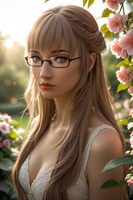 score_9, score_8_up, score_7_up, score_6_up
<lora:CKatherine:0.8>
CKatherine, 1girl, long hair, brown hair, brown eyes, glasses, looking at viewer, standing in a sunlit garden, surrounded by blooming flowers, soft focus background with bokeh, gentle breeze rustling through leaves, romantic and dreamy ambiance