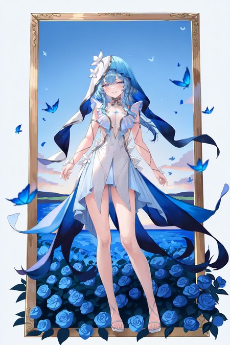8k, best quality, masterpiece, (ultra-detailed), (high detailed skin), border, oil painting border, photo frame, frame, a carefully framed painting, 
 (artist:ke-ta:1.25), (artist:ATDAN, artist:momoko_(momopoco):0.85),
safe, extra_sharp, (perspective composition.:1.2), (bold_lines are adding to the overall style:1.2) solo, (high brightness:1.3), backlighting, rose field, outdoors, kubrick stare, 1girl, contrapposto, half-closed eyes, detailed eyes, bold eyelashes, long eyelashes, nose, closed mouth, wide grin, smile, long hair, blue sky, clouds, amazing quality, masterpiece, highres, beautiful color, film grain, newest, symmetrical composition, beautiful, intricate, amazing quality, very aesthetic, absurdres, masterpiece, by anna dittmann, full body, dynamic angle, chromatic aberration, white skin, glossy skin, beautiful eyes, 
<lora:shouanren-noob-Tanger-000013:0.8>, white dress, veil, shouanren, default clothes, 1girl, blue hair, blue eyes, dress, hood,