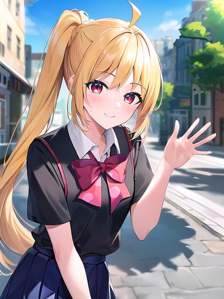 (masterpiece:1.3), (absurdres:1.3), (best quality:1.3), (ultra-detailed:1.3),(best shadow:0.7), (handled hair), (sharp eyeliner, eyeshadow, detailed eyes:1.1), perfect anatomy, BREAK, 1girl, solo, red eyes, side ponytail, sidelocks, school uniform, skirt, bangs, waving arms, leaning forward, smile, closed mouth, blush, upper body,  BREAK street, shop, outdoors, backlighting