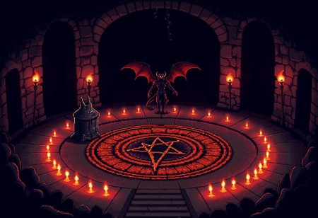 pixel-art 
a sepulchral chamber, bereft of all but the most rudimentary furnishings. Bare stone walls, stained with the residue of centuries-old sacrifices, encircle the circular space, their surfaces gouged by the claws of nameless entities summoned therein. Cobwebs drape like funeral shrouds from the vaulted ceiling, concealing the origins of the guttering torches that struggle vainly to dispel the oppressive gloom.
Upon the flagstone floor, traced in congealed vitae, burns a pentagram of terrifying proportions. Its points bleed into the void, connecting to lesser symbols arranged in concentric rings around the perimeter. Candles of black wax, their wicks sputtering erratically, ring the circumference, bathing the macabre tableau in a ghoulish reddish-orange light.
And then, from the very heart of the occult diagram, a presence manifests. Emerging inch by excruciating inch, a nightmare made manifest pushes its way into our reality. Horned and tailed, with leathery wings folded tightly against its back, the demon regards us with eyes that burn like radioactive poison.
... 
pixel art style, 8-bit graphics, blocky, pixelated, vibrant colors, recognizable characters and objects, game assets, 
aidmaMJ6.1, pixel art