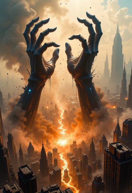 score_9_up, score_7_up, very detailed, (best quality) bird's-eye-view, two gigantic monstrous human claws are rising from the ground of a big city causing many explosions in the city, debris falling from the claws, buildings are collapsing, many shooting bombers attacking the giant hands fighting them,  explosions, epic, birds-eye-view, dust, fog, realistic, realism, realistic oil painting, photo realistic painting