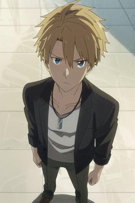 high resolution, professional photography, solo, best quality, 1Boy, Yamato Ishida, Blond Hair, Deep Blue Eyes, Necklace, standing, straight facing upwards, casual, seen from above, arrogant face, dominant, intimidate, OverallDetail