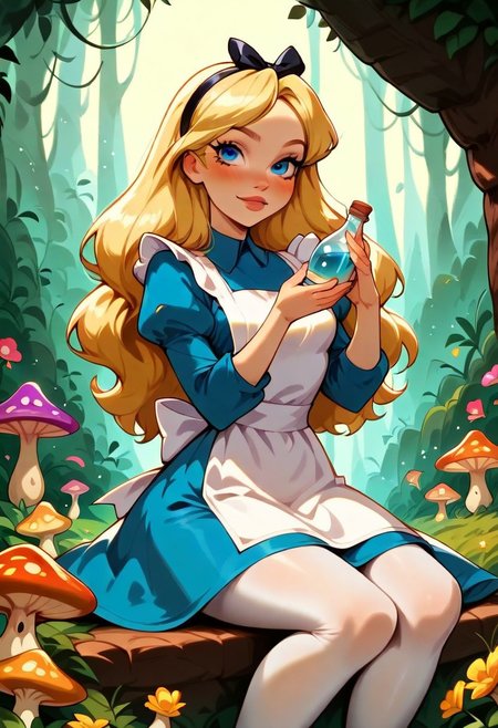 masterpiece, best quality, 1girl, solo, cute, eyelashes, (beautiful eyes), beautiful lips, 
,,,
AliceWaifu, blonde hair, blue eyes,  white apron, blue dress, puffy sleeves, white pantyhose, hairband,
1girl, solo, golden blonde hair, long wavy hair, soft bangs, blue eyes, light blush, wearing a classic blue dress with a white apron and black bow headband, sitting on a giant red-and-white mushroom, close-up shot emphasizing her curious and dreamy expression, holding a small "Drink Me" bottle in one hand, surrounded by whimsical forest elements like oversized colorful flowers and glowing mushrooms, soft dappled light streaming through the foliage, magical and dreamlike atmosphere, cinematic composition, cropped at the waist, looking at viewer, sinozick.