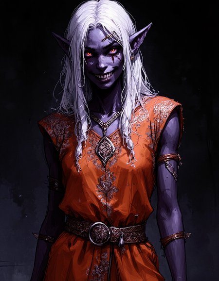 cflxillst
wc1dnd_style
FFRussNicholson

A highly detailed close-up portrait of a dark elf noble woman. 
She has a crazy and insane look and her mouth is distorted into an ugly and evil grin

She wears a luxurious dark orange sleeveless tunic richly embroidered with intricate silver patterns. 
She has small breast and is otherwise highly seductive.

Her light purple skin contrasts elegantly with the fine fabric. 
Her long, silver-white hair cascades down her shoulders in soft waves. 

The lighting is dramatic, casting deep shadows that emphasize her sharp, angular features.
The background is blurred and dark, evoking the mysterious depths of the underworld.


