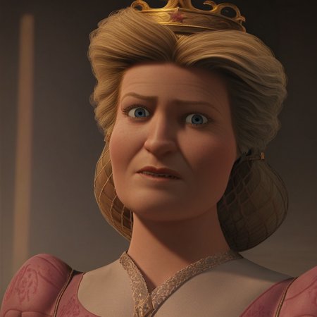 score_9, masterpiece, 1girl, Solo, female focus, QLillian_Shrek, light skin, blue eyes, golden hair, hair up with golden hairnet, gold crown, dark pink royal medieval dress with long sleeves, dark pink loafers, tall stature, standing, close-up, room background, looking at viewer, perfect eyes, face photo