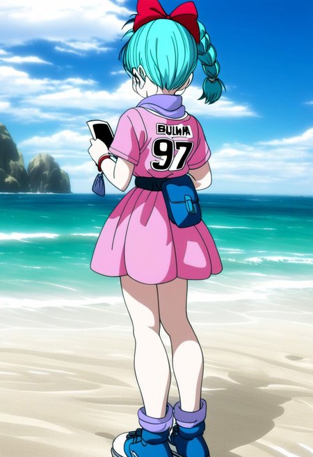 Cute bulma,  lifting her dress,  on the beach,  original anime style , back view,  winking , writing:"97" on her back