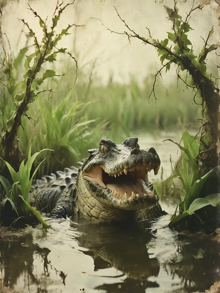 35mm Vintage photo of  a crocodile in the swamps sticks its head out of the water, vines,  preparing to attack,  <lora:Desolation:0.8>
