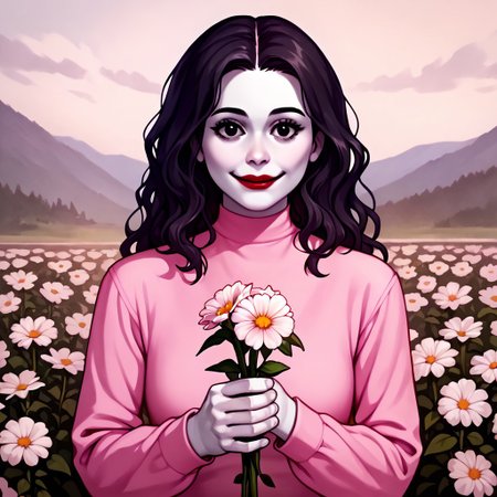 score_9, score_8_up, score_7_up BREAK ValeAyV, 1girl, wavy black hair, black eyes, pale skin, red lipstick, long-sleeved pink dress, holding flowers, smiling at viewer, cowboy shot, beautiful scenery, cartoon, source_cartoon,