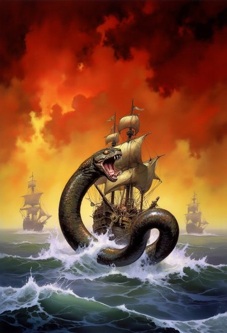 Comic book style 8k high quality digital painting , masterpiece, very detailed, ultra realistic, (best quality) very detailed epic masterpiece, a sailing ship on a stormy ocean is being attacked by a giant sea snake emerging from the water, winding around the ship, big waves, dramatic dark red yellow sky, action, scary, best quality, epic scene,  Dungeons and dragons atmosphere, heroic fantasy, fna_style, Comic book style