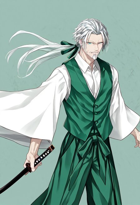 score_9, score_8_up, score_7_up, score_6_up, score_5_up, score_4_up, source_anime, 1boy, solo, 
y0uki, vergil_\(devil_may_cry\), long_hair, blue_eyes, green_vest, whirt_shirt, long_sleeves, wide_sleeves, ponytail, hair_ribbon, hakama_skirt, green_hakama, sword, katana, sheath, sheathed, seven_katana, beard, old_man, green_kimono, facial_hair, white_hair, japanese_clothes, hakama_pants, white_kimono, 
masterpiece, best quality, very aesthetic, absurdres,