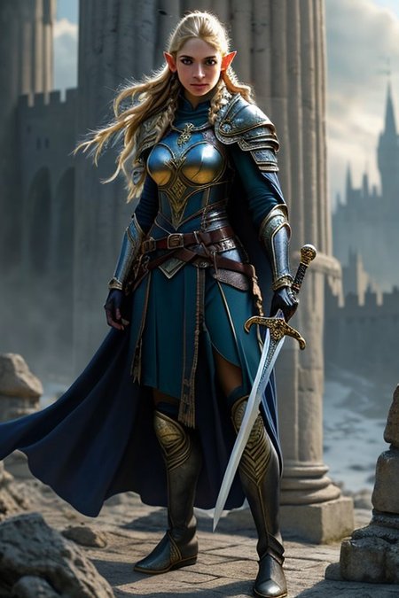 RAW photo, masterpiece, subsurface scattering, heavy shadow, high quality, intricate, high detail, professional photography, HDR, High Dynamic Range, realistic, ultra realistic, photorealistic, high resolution, film photography, ambient lighting, atmospheric effects, <lora:detail_slider_v4>, OverallDetail,  <lora:FemaleWarrior:0.65>,1girl, armor, belt, blonde hair, blue eyes, blurry, blurry background, boots, braid, breastplate, cape, castle, cloak, earrings, elf, femwa, gauntlets, gloves, holding, holding sword, holding weapon, jewelry, lips, long hair, looking at viewer, medium breasts, pauldrons, pillar, shoulder armor, solo, standing, sword, weapon