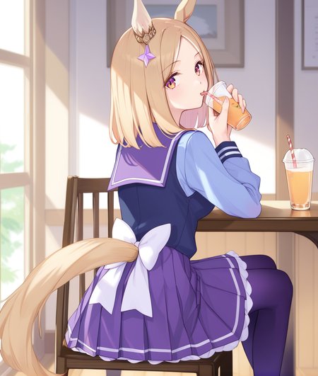 score_9, score_8_up, score_7_up BREAK
tracen_uniform, 1girl, solo, looking at viewer, bangs, skirt, blonde hair, shirt, long sleeves, bow, holding, animal ears, sitting, school uniform, tail, pantyhose, pleated skirt, serafuku, day, looking back, medium hair, sailor collar, from behind, cup, parted bangs, chair, horse ears, white bow, horse girl, holding cup, horse tail, purple skirt, drinking straw, purple shirt, drinking, purple thighhighs, <lora:Naritatoproad-ponyXL:1>, 
five fingers,